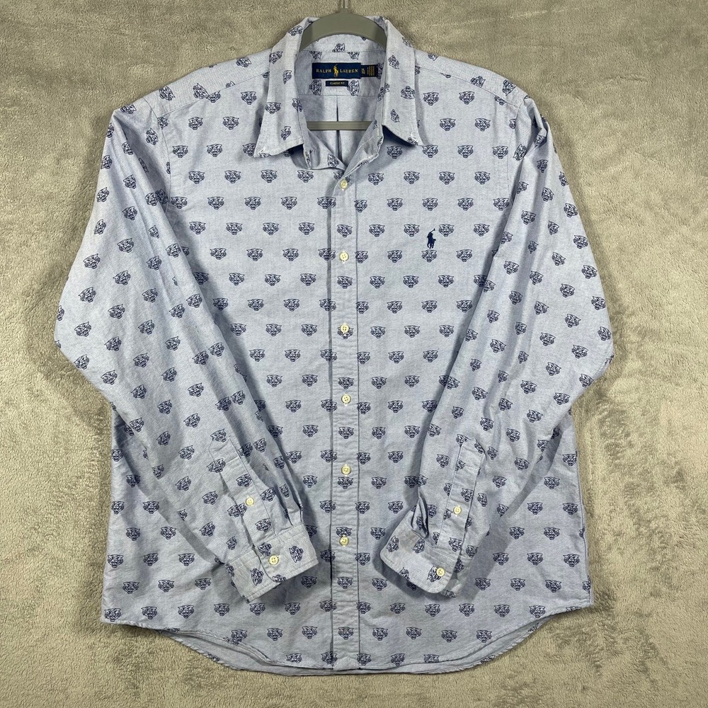 Ralph Lauren Button Down Shirt Mens XL Blue Tiger Head‎ Embroidered Oxford